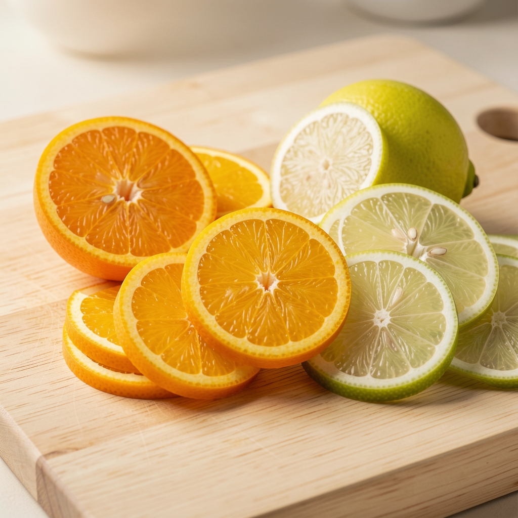 Oranges et citrons frais coupés en tranches sur un plan de travail en bois clair