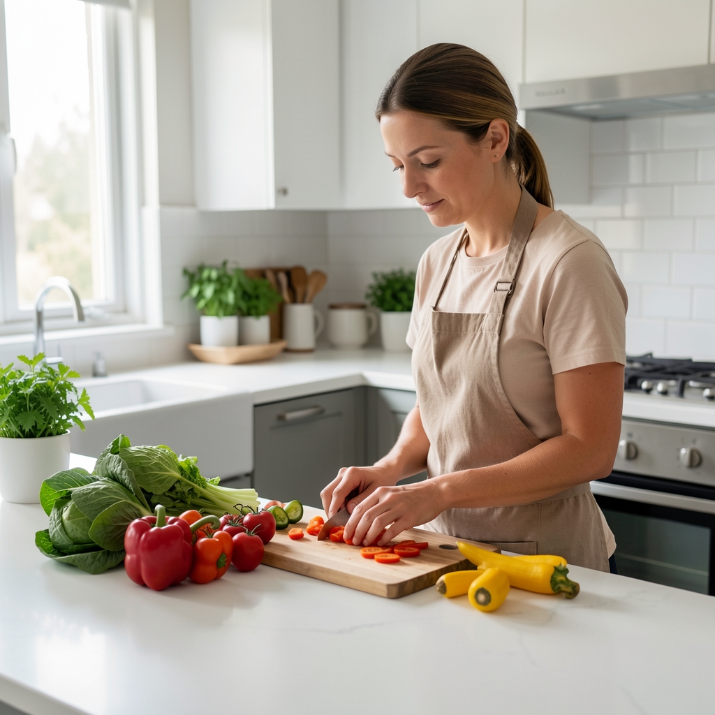 Personne préparant des légumes colorés sur un plan de travail de cuisine lumineux