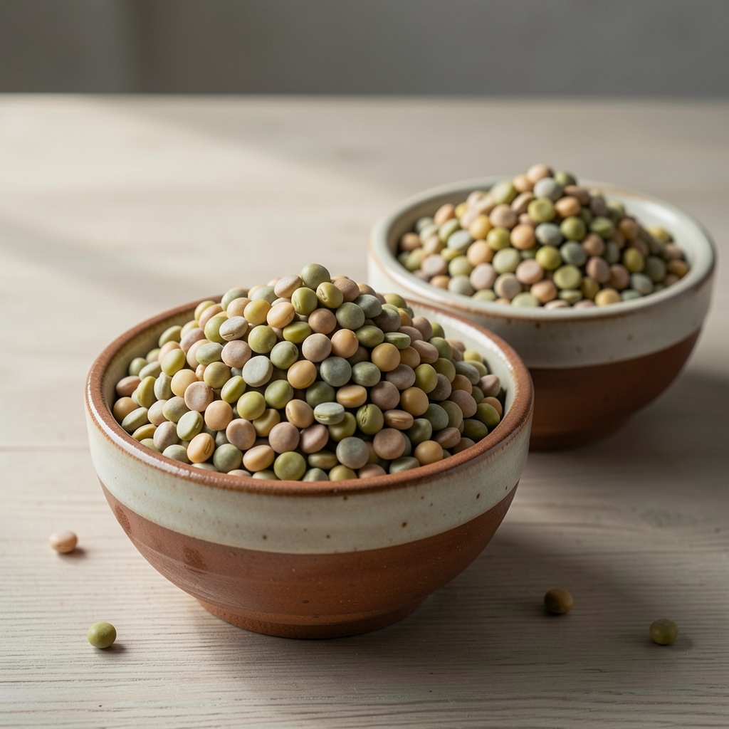 Bol de lentilles et pois chiches crus dans des coupelles en céramique
