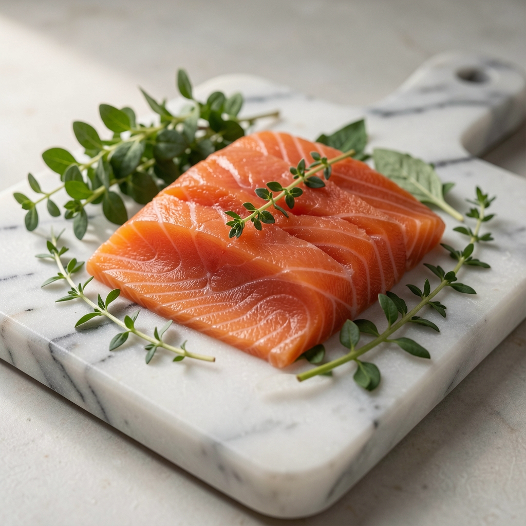 Filet de saumon cru posé sur une planche à découper en marbre avec des herbes fraîches